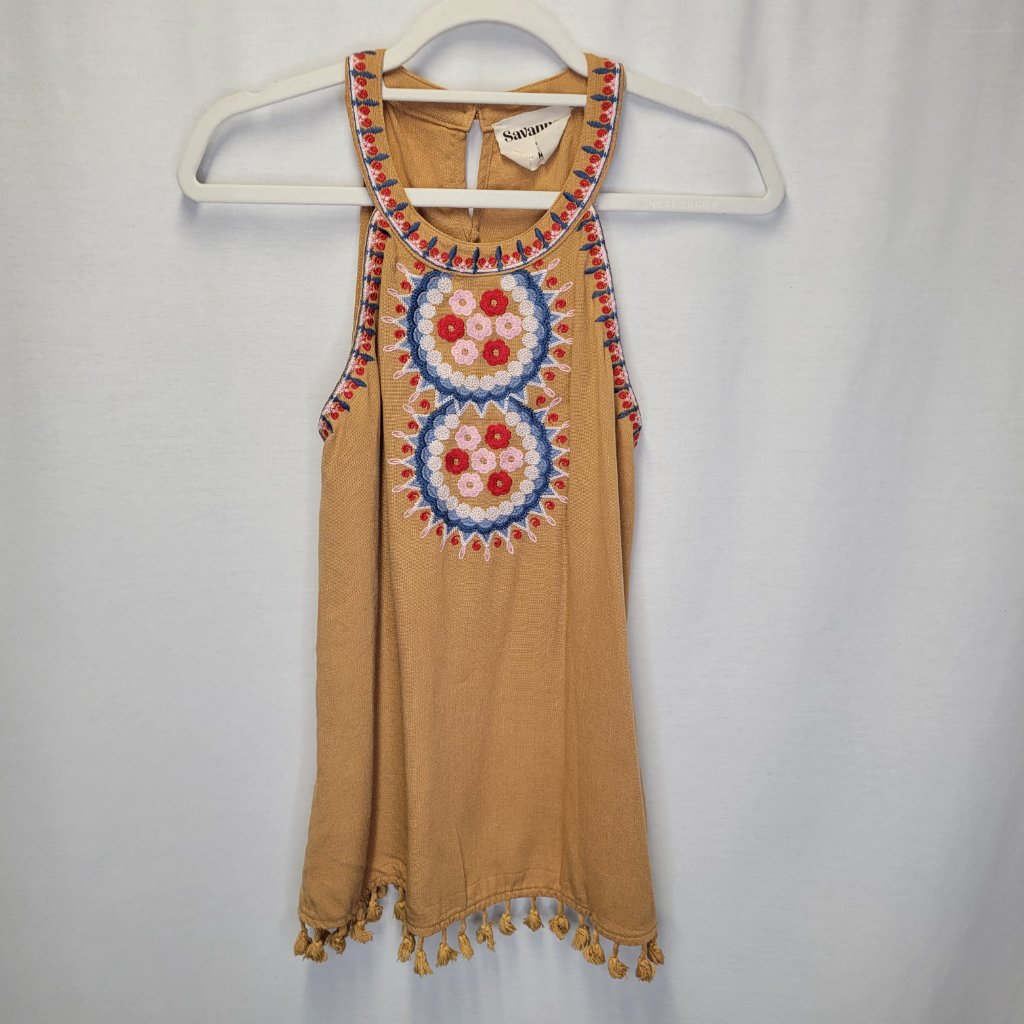Savanna Jane Women's Medium Halter Top Sleeveless Embroidered Tan